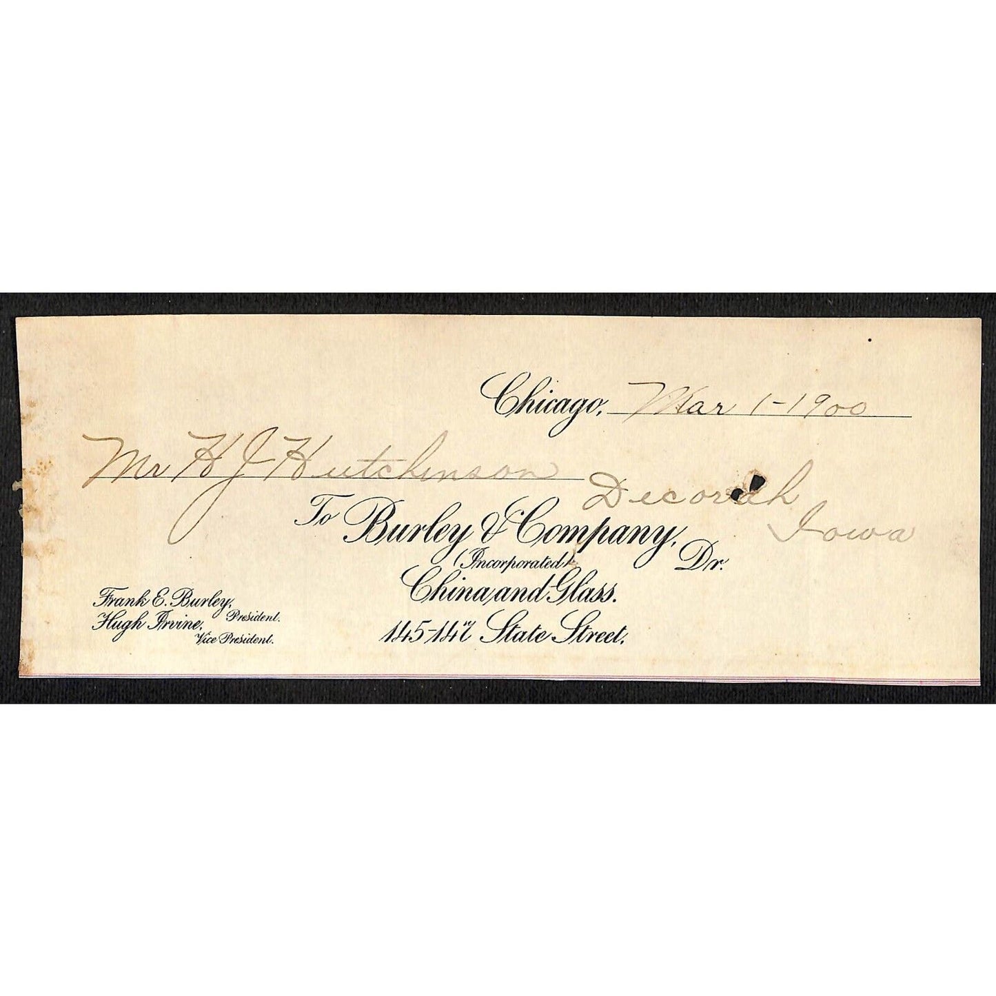 Burley & Company Crockery Chicago Hutchinson Decorah IA* Cut 1900 Billhead
