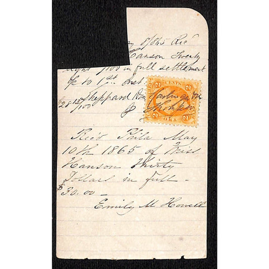 2 1865 Philadelphia Receipts w/ Tax Stamps Miss Hanson / Emily Howell ?