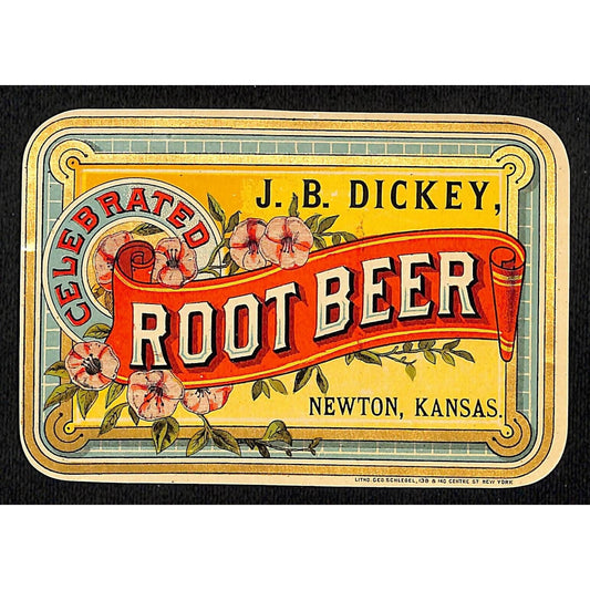 J.B. Dickey Celebrated Root Beer Soda Label Newton, Kansas c1890-1900 Scarce