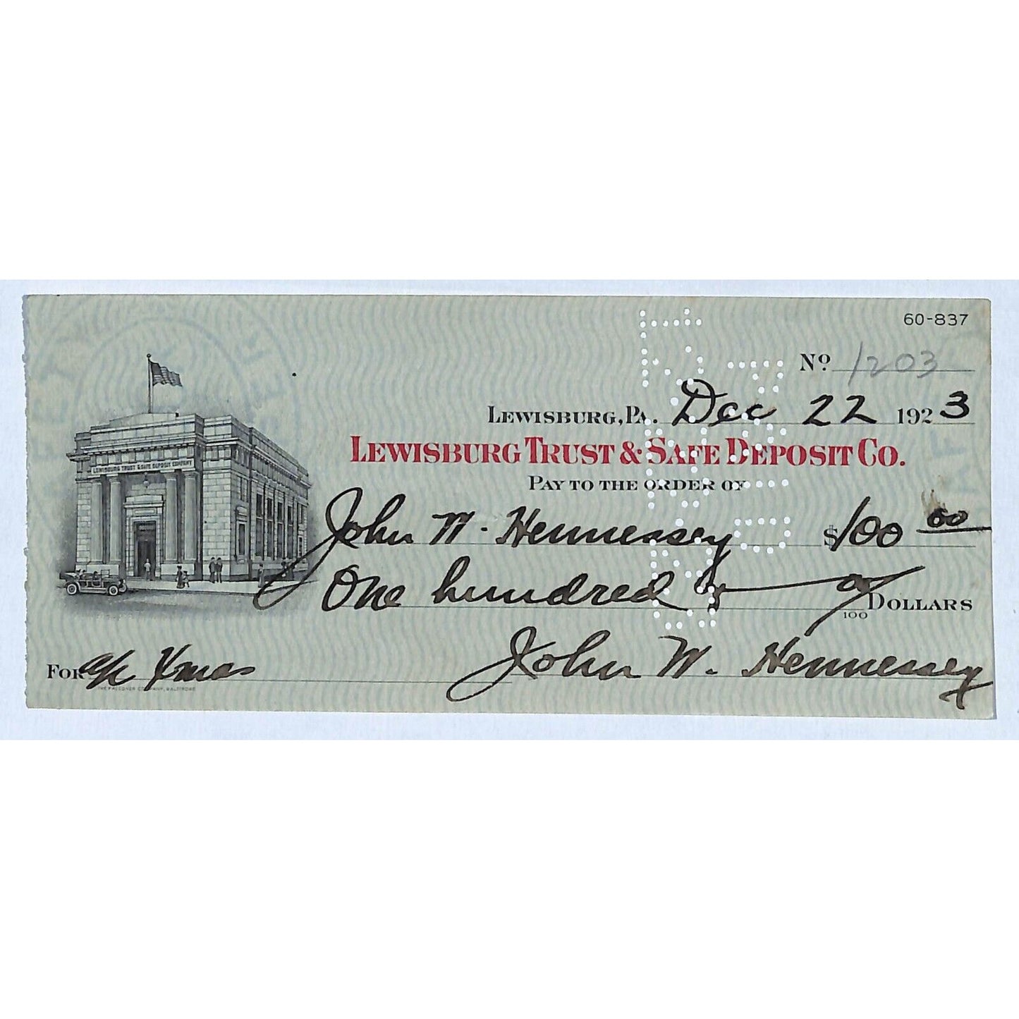Lewisburg Trust & Safe Deposit Co. PA 1923 Bank Check w/ Vignette Scarce