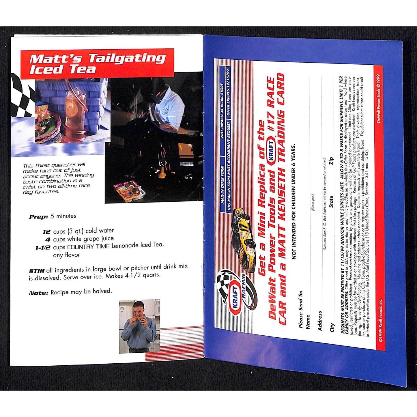 1999 Kraft Racing "Checkered Flag Cafe" Matt Kenseth's Mom Recipes 8pp VGC NOS