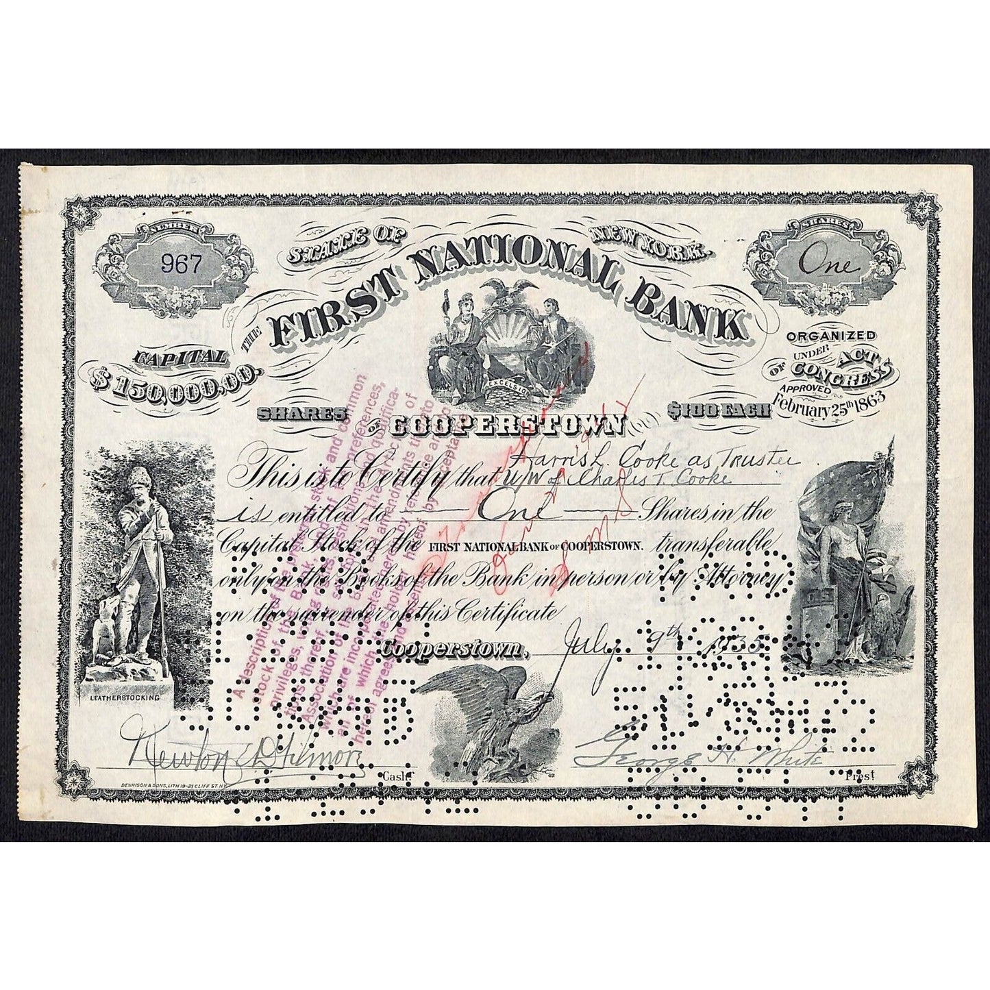 First National Bank of Cooperstown 1935 Stock Certificate Charles T. Cooke