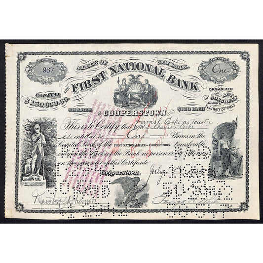 First National Bank of Cooperstown 1935 Stock Certificate Charles T. Cooke