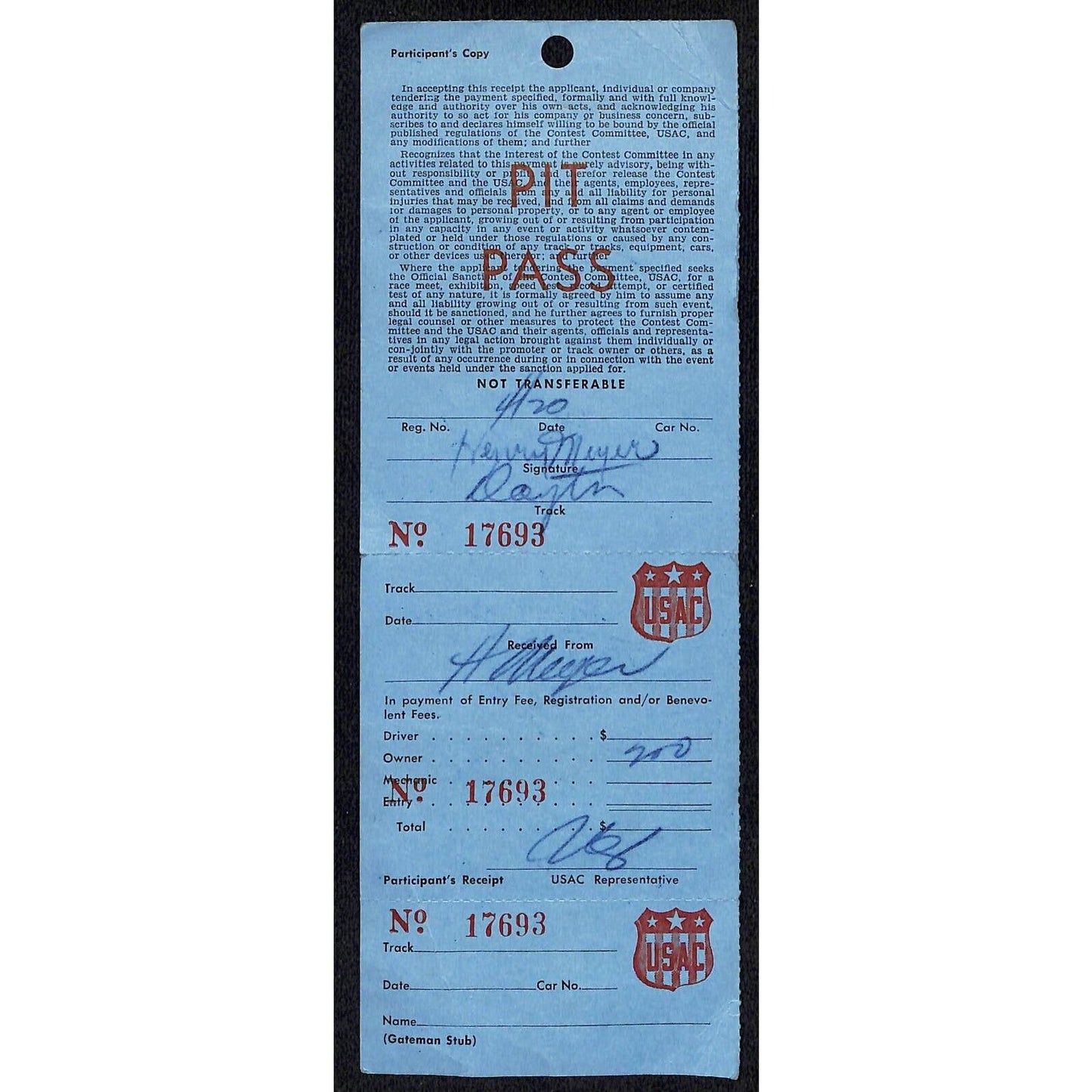 c1958 USAC Pit Pass and Receipt "Charles Henry Meyer" VGC