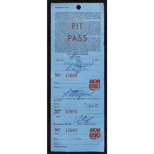 c1958 USAC Pit Pass and Receipt "Charles Henry Meyer" VGC