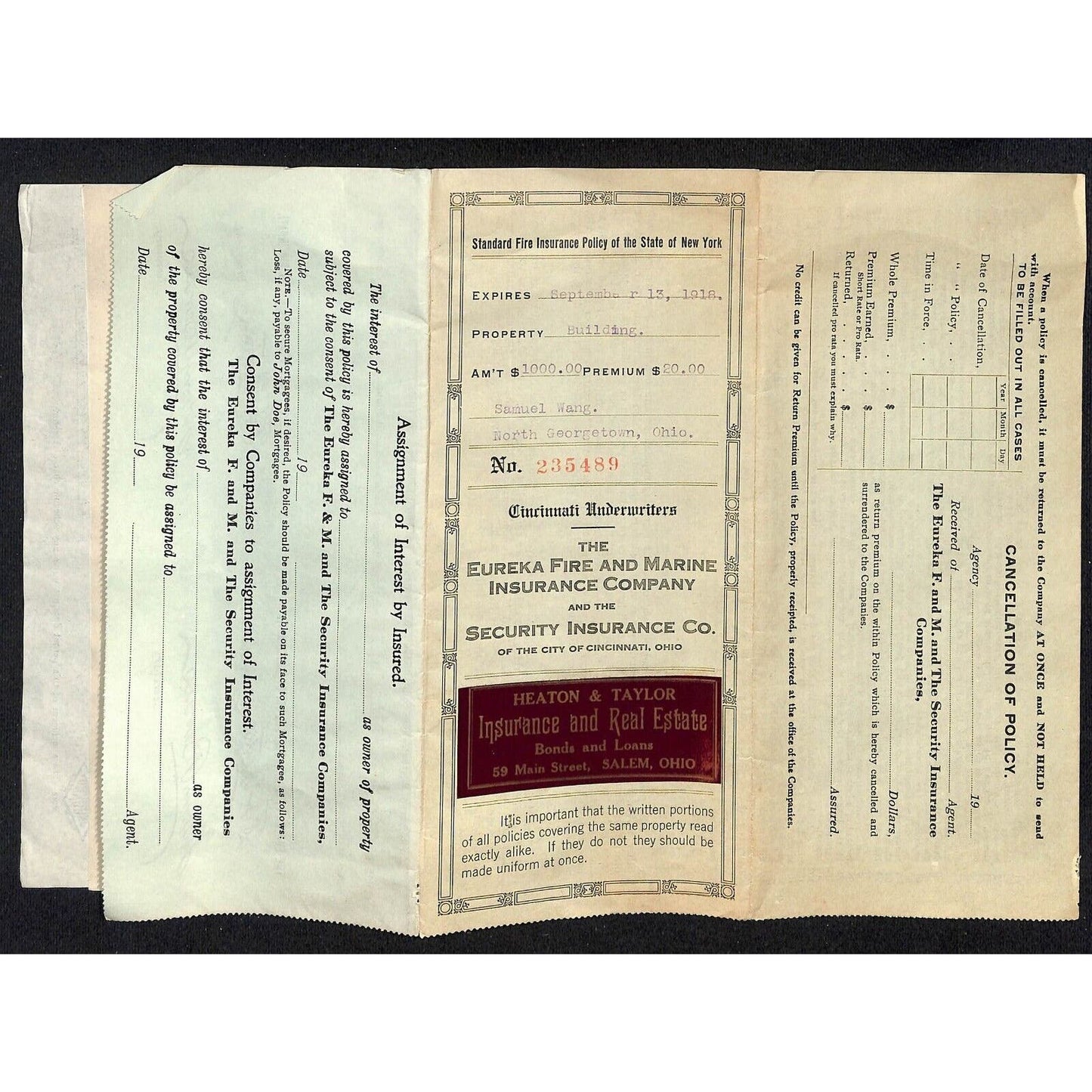 Heaton & Taylor / Eureka Fire Insurance Samuel Wang Co* N. Georgetown 1917