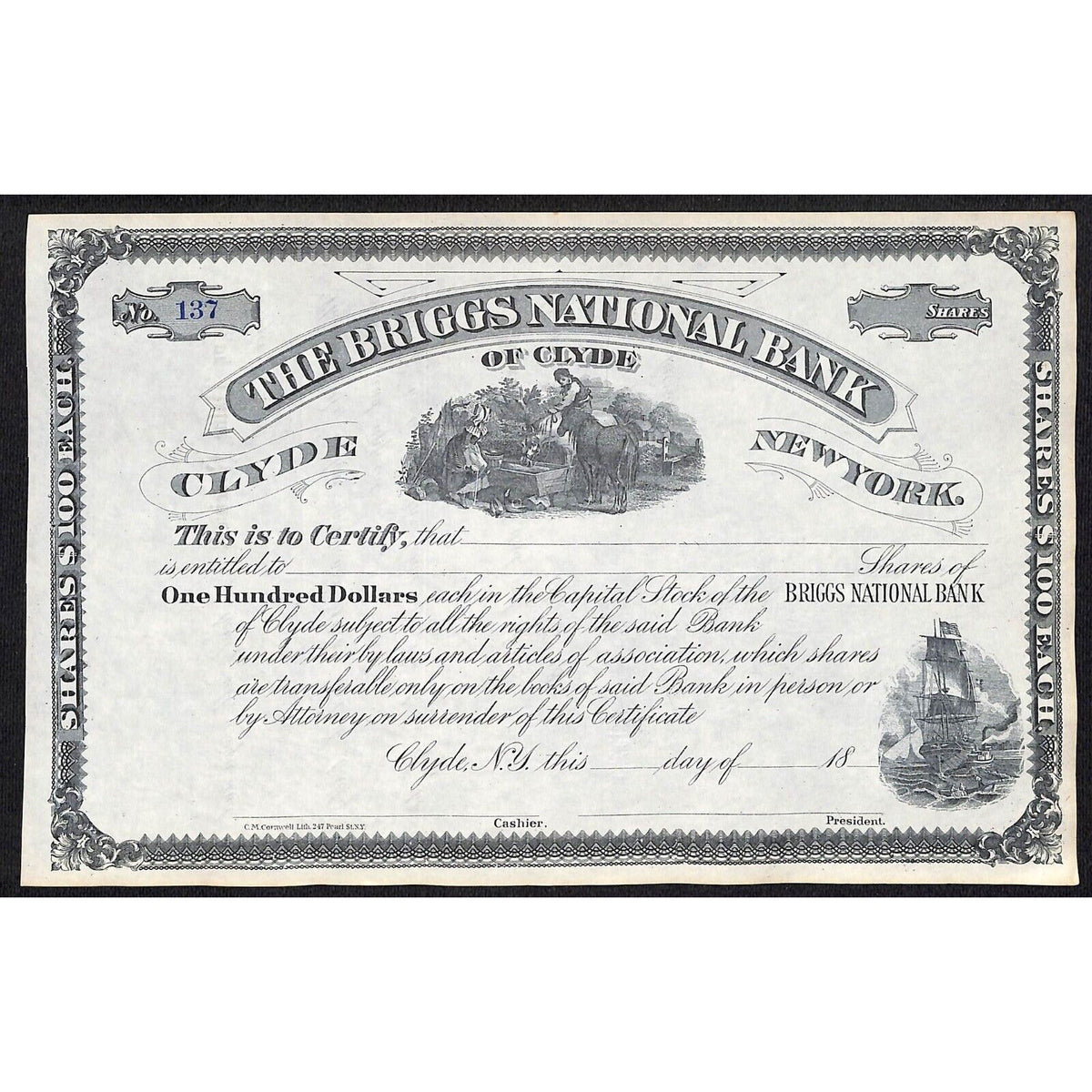 The Briggs National Bank of Clyde NY c1880* Stock Certificate Unissued #137