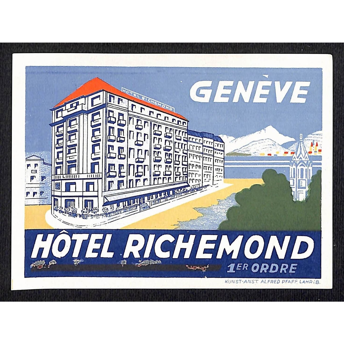 Hotel Richemond Geneve Luggage Label Original 3 1/4" x 4 1/2" - c1950's
