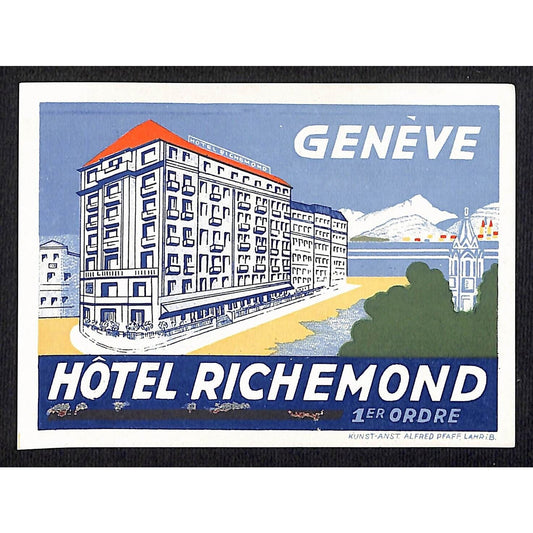 Hotel Richemond Geneve Luggage Label Original 3 1/4" x 4 1/2" - c1950's