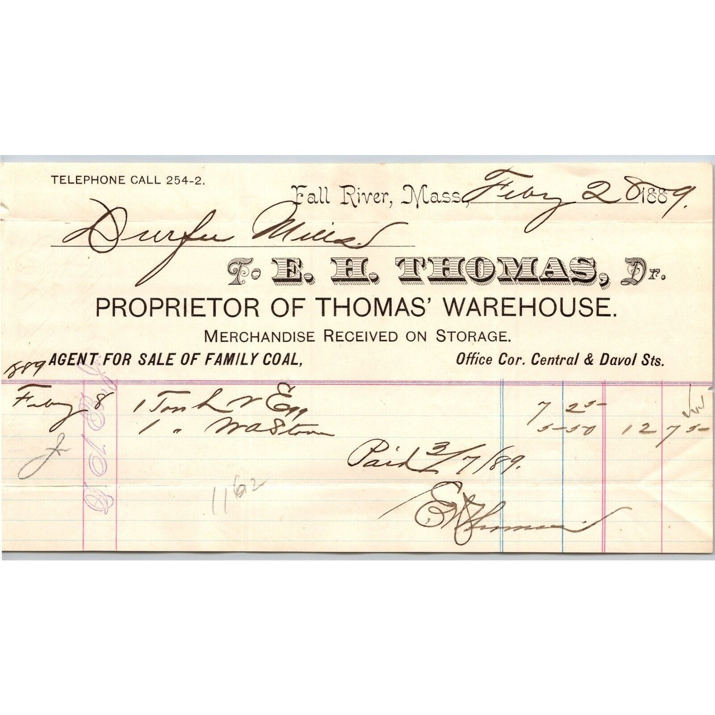 E.H. Thomas Warehouse / Storage Family Coal Fall River, MA 1889 Billhead