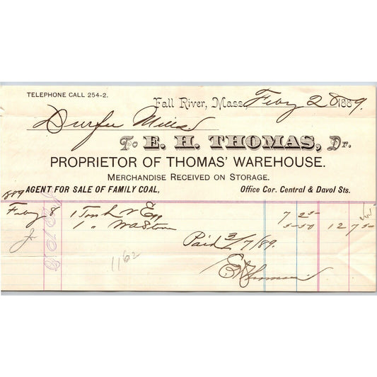 E.H. Thomas Warehouse / Storage Family Coal Fall River, MA 1889 Billhead