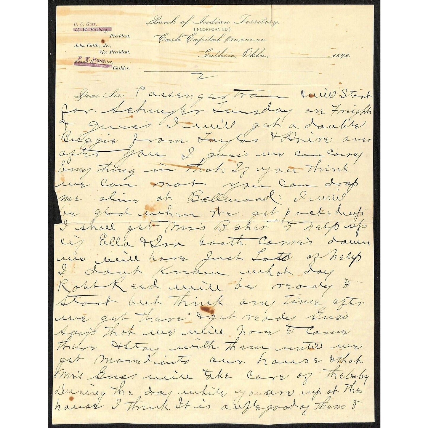 1892 "Bank of Indian Territory Inc." Guthrie, OK Territorial Letterhead