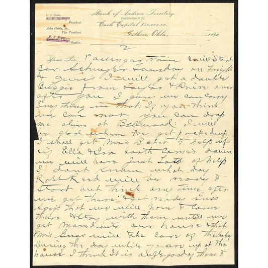 1892 "Bank of Indian Territory Inc." Guthrie, OK Territorial Letterhead
