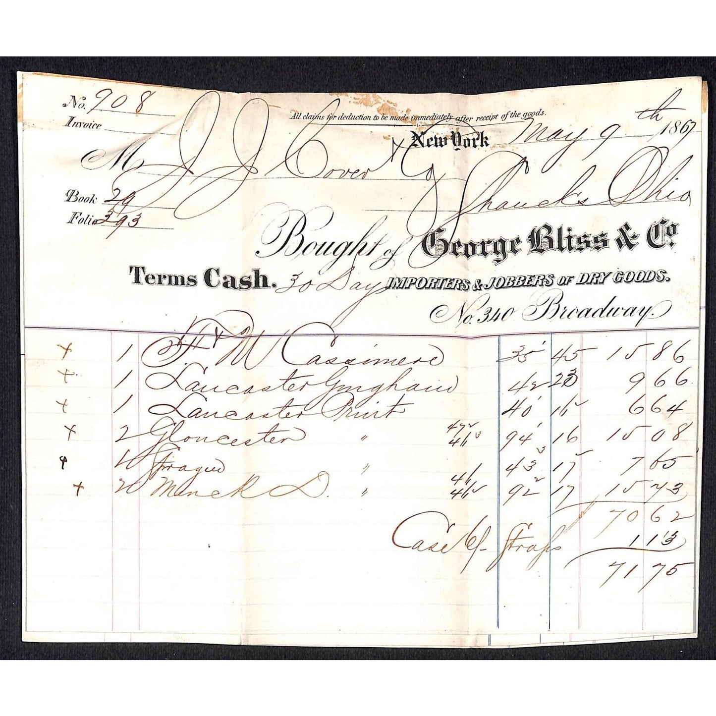 George Bliss & Co. Dry Goods NYC 1867 J.J. Cover, Johnsville, OH* 3 Billheads