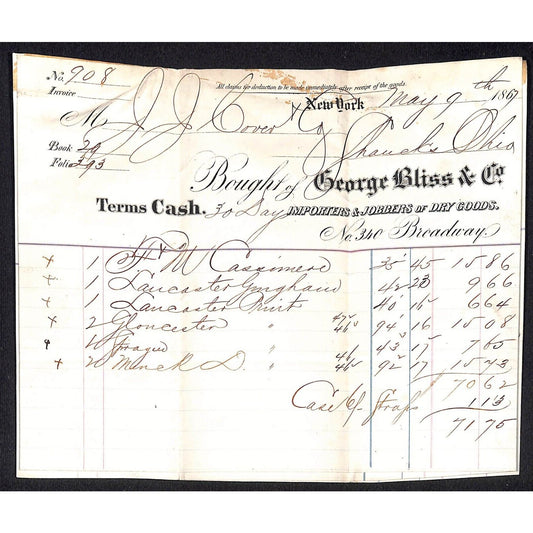 George Bliss & Co. Dry Goods NYC 1867 J.J. Cover, Johnsville, OH* 3 Billheads