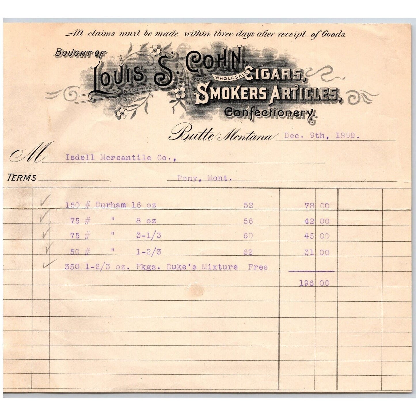 Butte City, MT M.G. Cohn Produce Fruits Cigars Durham Tobacco 1899 Billhead