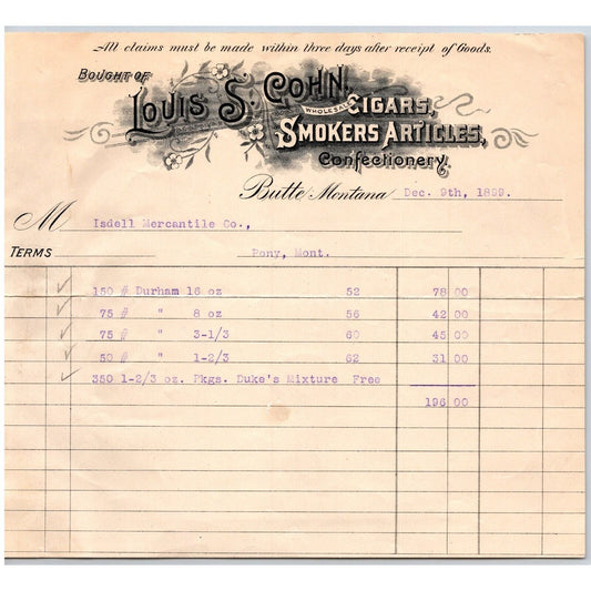 Butte City, MT M.G. Cohn Produce Fruits Cigars Durham Tobacco 1899 Billhead