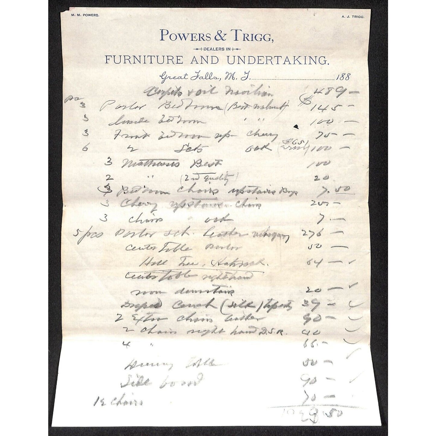 Great Falls, MT Powers & Trigg "Furniture and Undertaking" c1888 2pp Letterhead