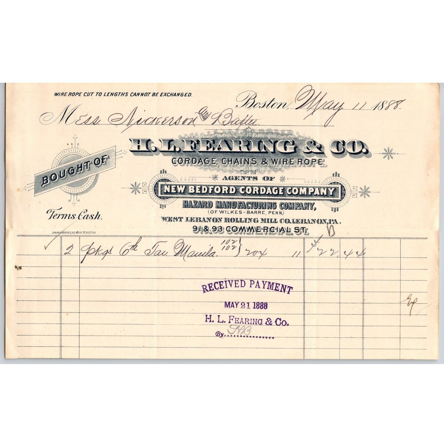 H.L. Fearing & Co. Cordage Chains Wire Rope Boston 1888 Billhead VGC
