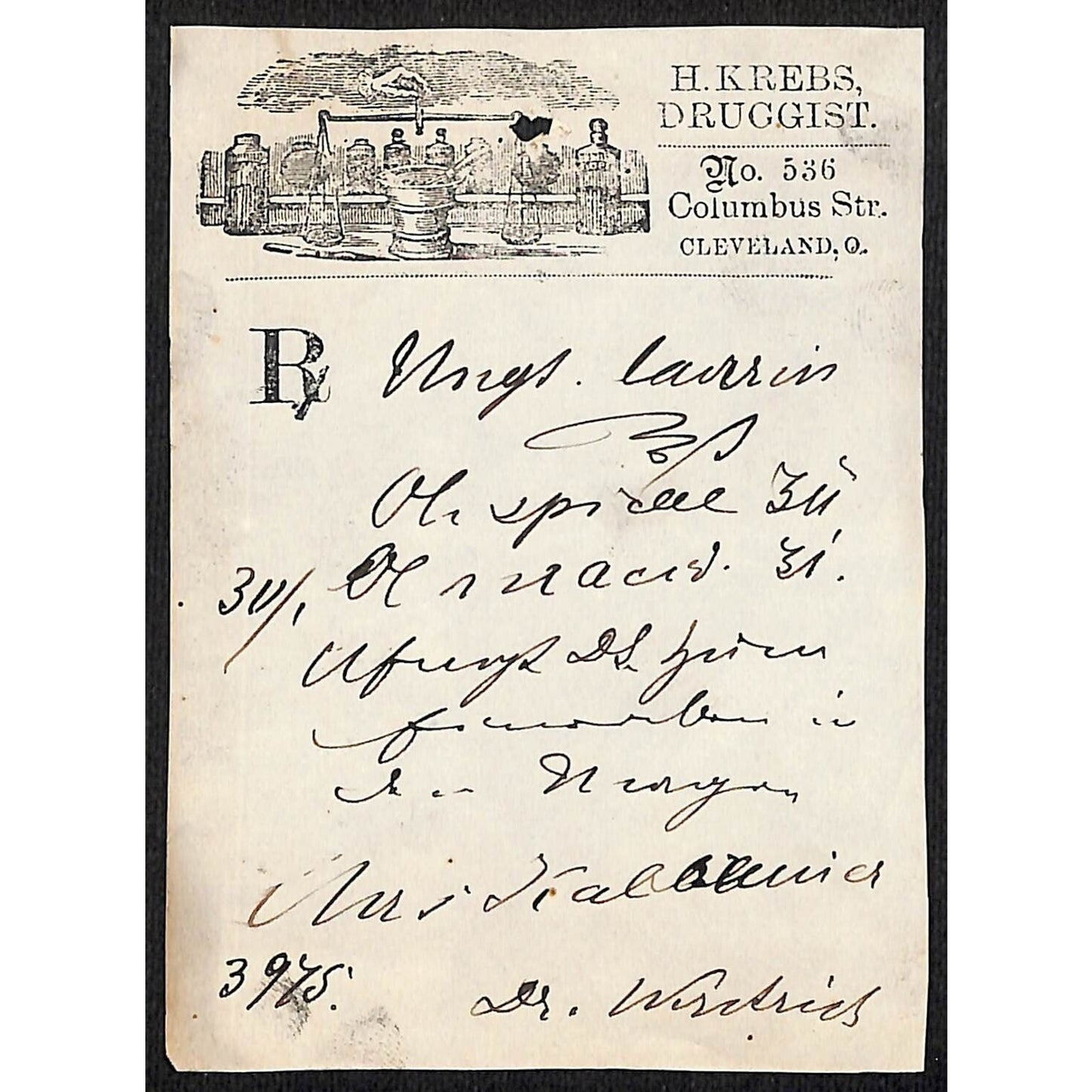 H. Krebs, Druggist Columbus St. Cleveland c1870's* Prescription #3975