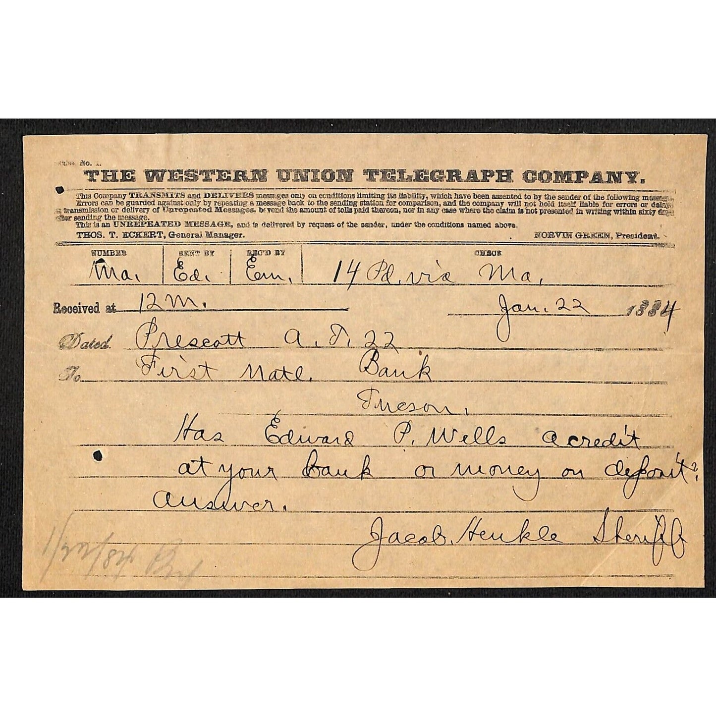 Western Union Telegraph Receipt 1884 From re: First National Bank