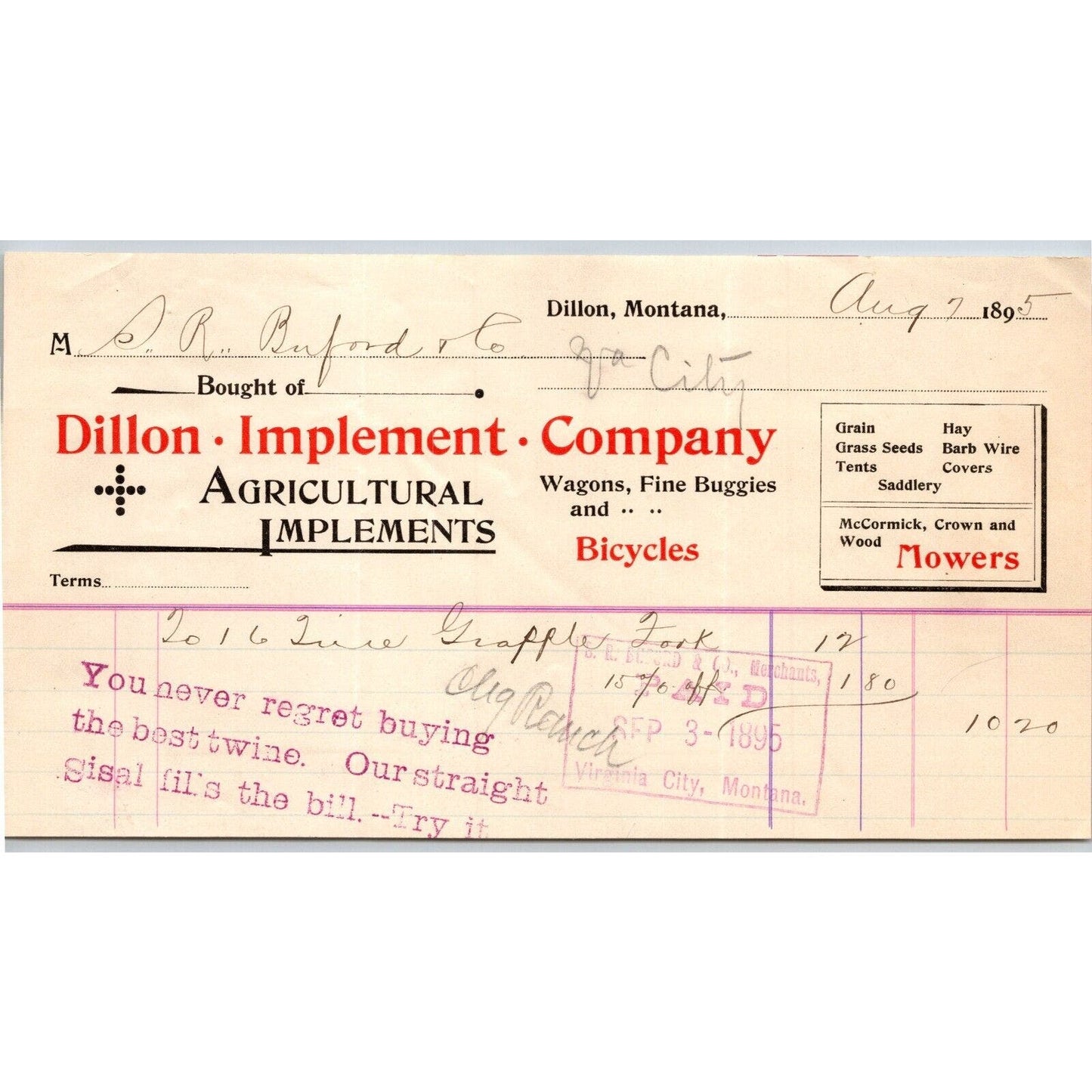 Dillon, MT Dillon Implement 1895 Bicycles Billhead S.R. Buford* - Virginia City