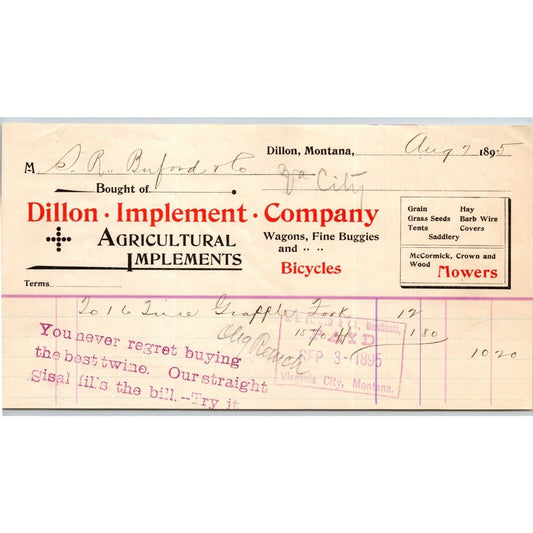 Dillon, MT Dillon Implement 1895 Bicycles Billhead S.R. Buford* - Virginia City