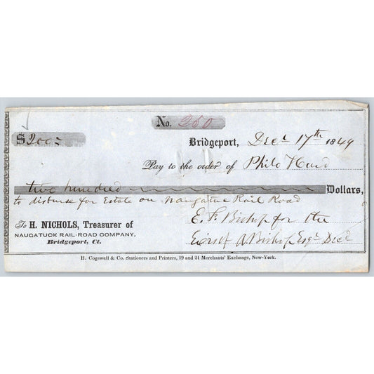 Naugatuck Railroad Co. Bridgeport Connecticut 1849 Check #250 Philo Hurd Signed