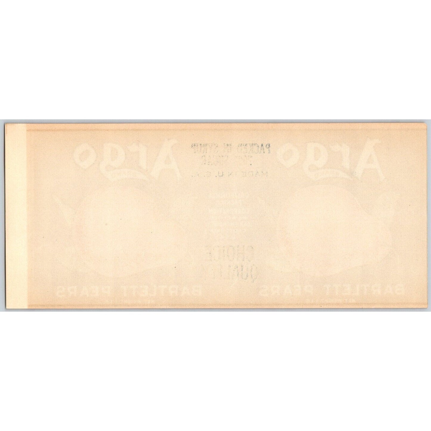 Argo Brand Bartlett Pears California Packing Corp. Paper Can Label c1925-35 VGC