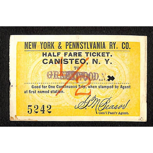 New York & Pennsylvania Railroad RY July 21 1917 Greenwood 1/2 Fare Ticket #5242