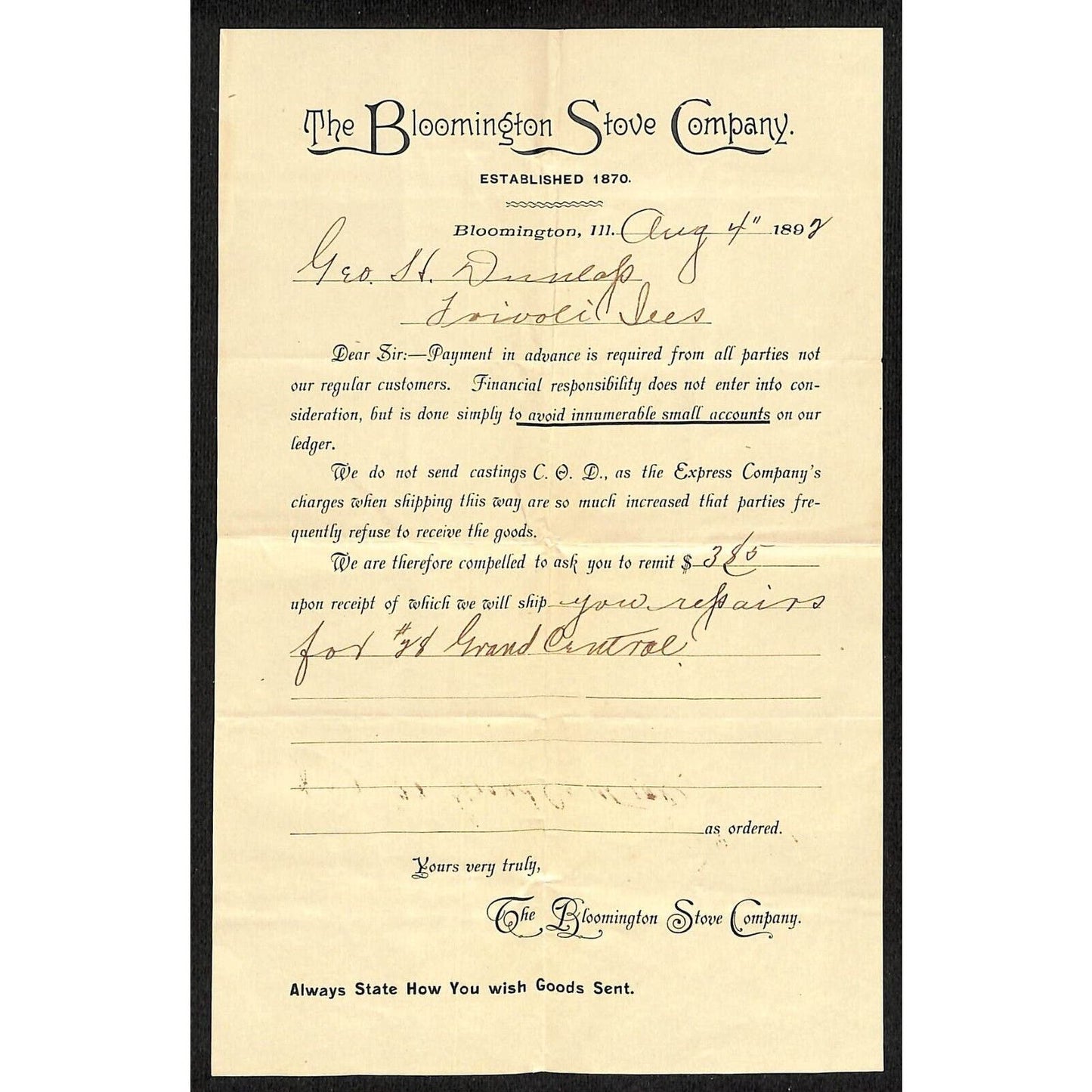 Bloomington Stove Company Illinois 1892 Payment up Front Notice