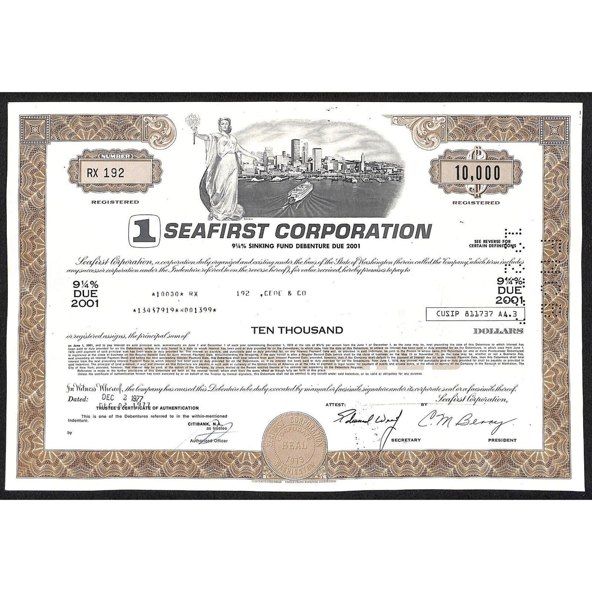 Seafirst Corp. Wisconsin 1977 Debenture Certificate City Skyline 10,000 Shares