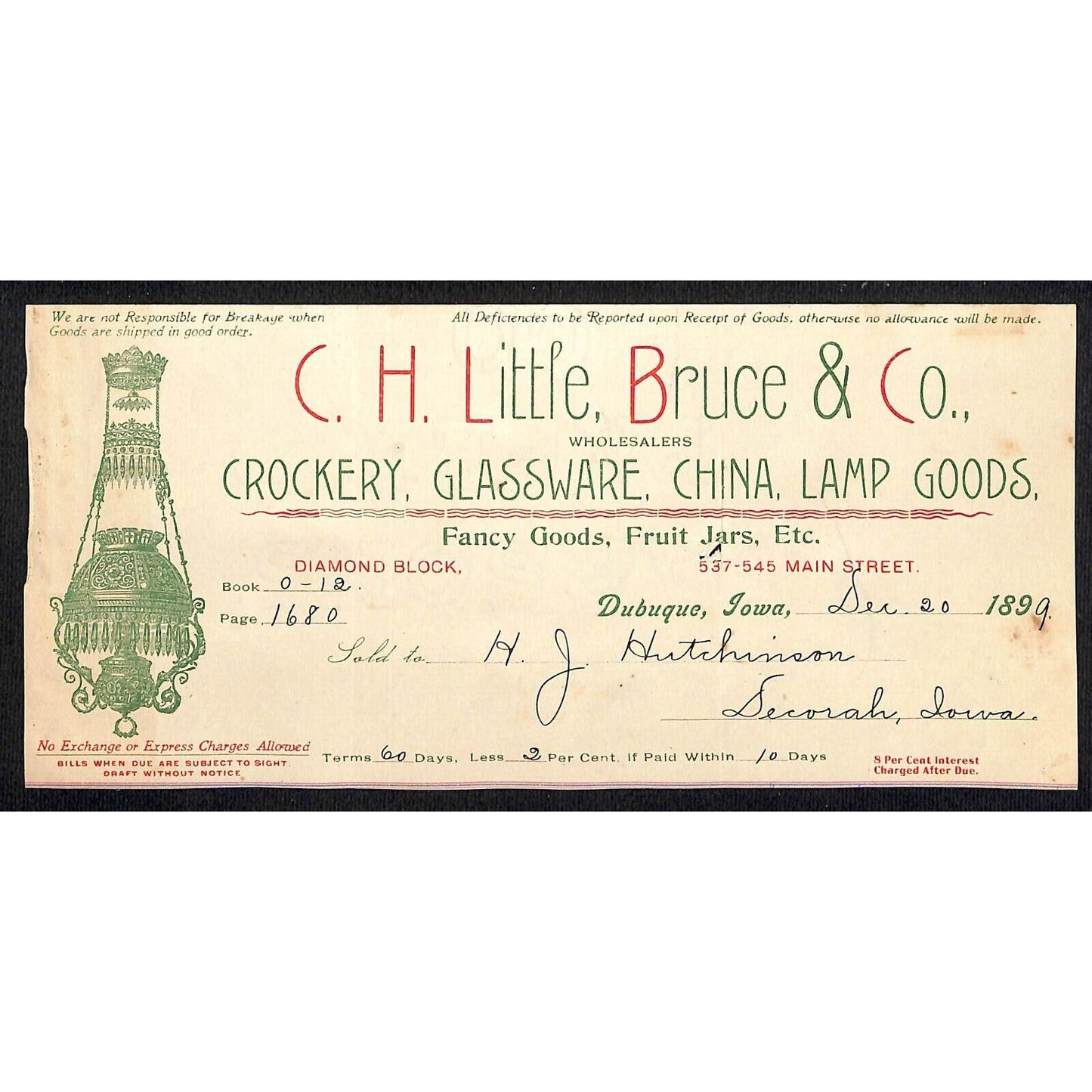 C.H. Little, Becker Co. Crockery Hutchinson Decorah, IA* Cut 1899 Billhead