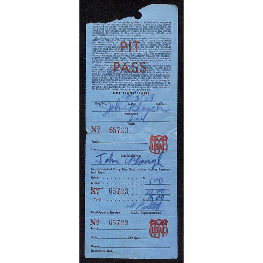 1958 USAC Pit Pass & Receipt Signed John Blough (Owner / Mechanic) 9/13 Scarce