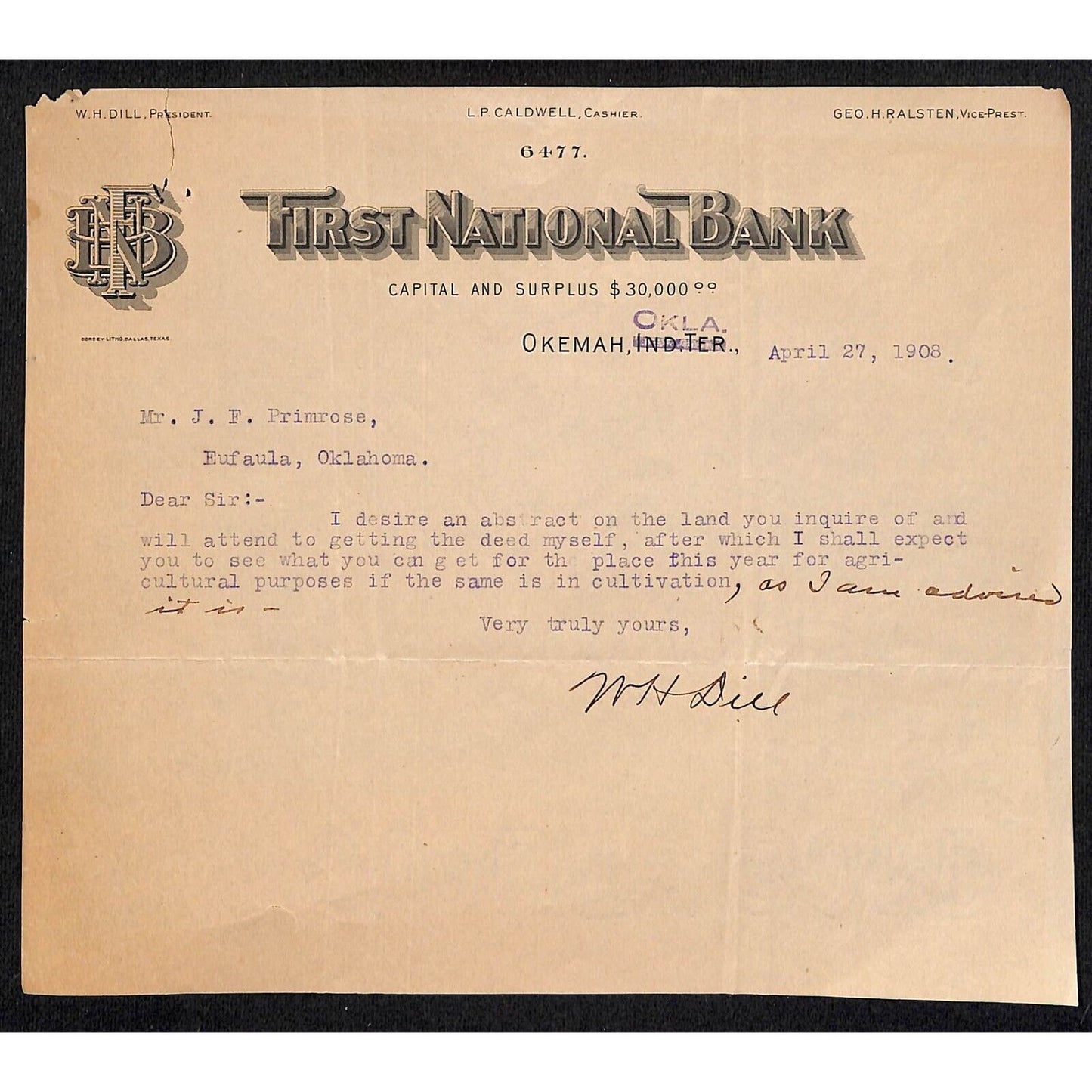 First National Bank Okemah, OK (w/ I.T. Strike-out) 1908 TLS Letterhead