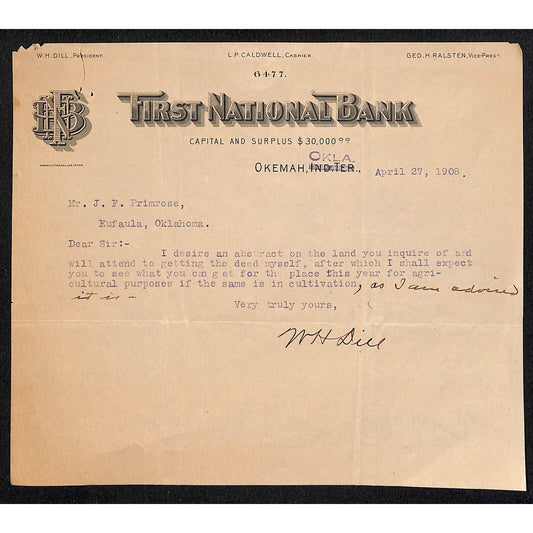 First National Bank Okemah, OK (w/ I.T. Strike-out) 1908 TLS Letterhead