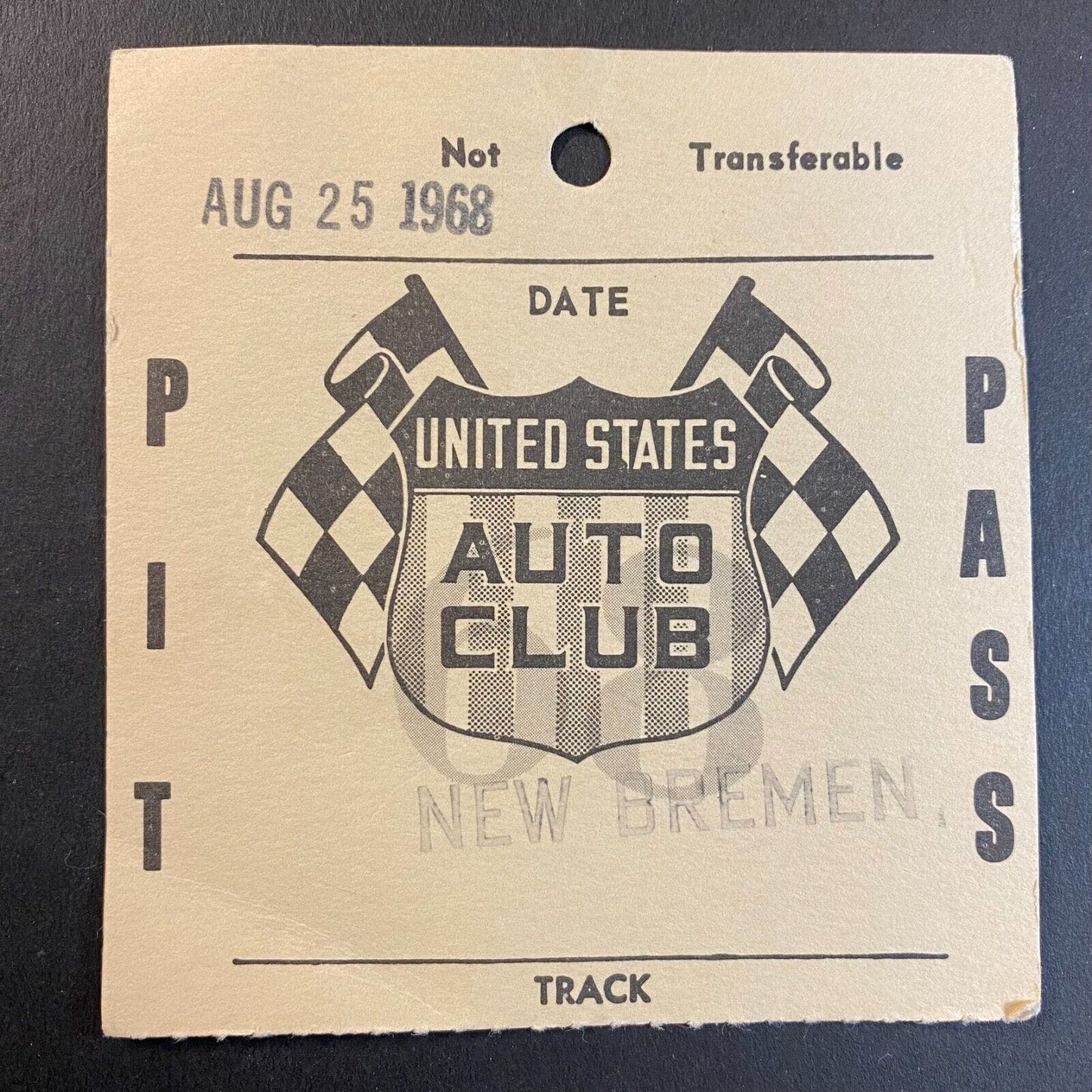 USAC 1968 Pit Pass New Bremen (Speedway - Ohio) Aug 25, 1968 Scarce