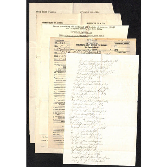 1938 U.S. "Departing Alien Income Tax Return" + 4 other Visa / Immigration pcs.