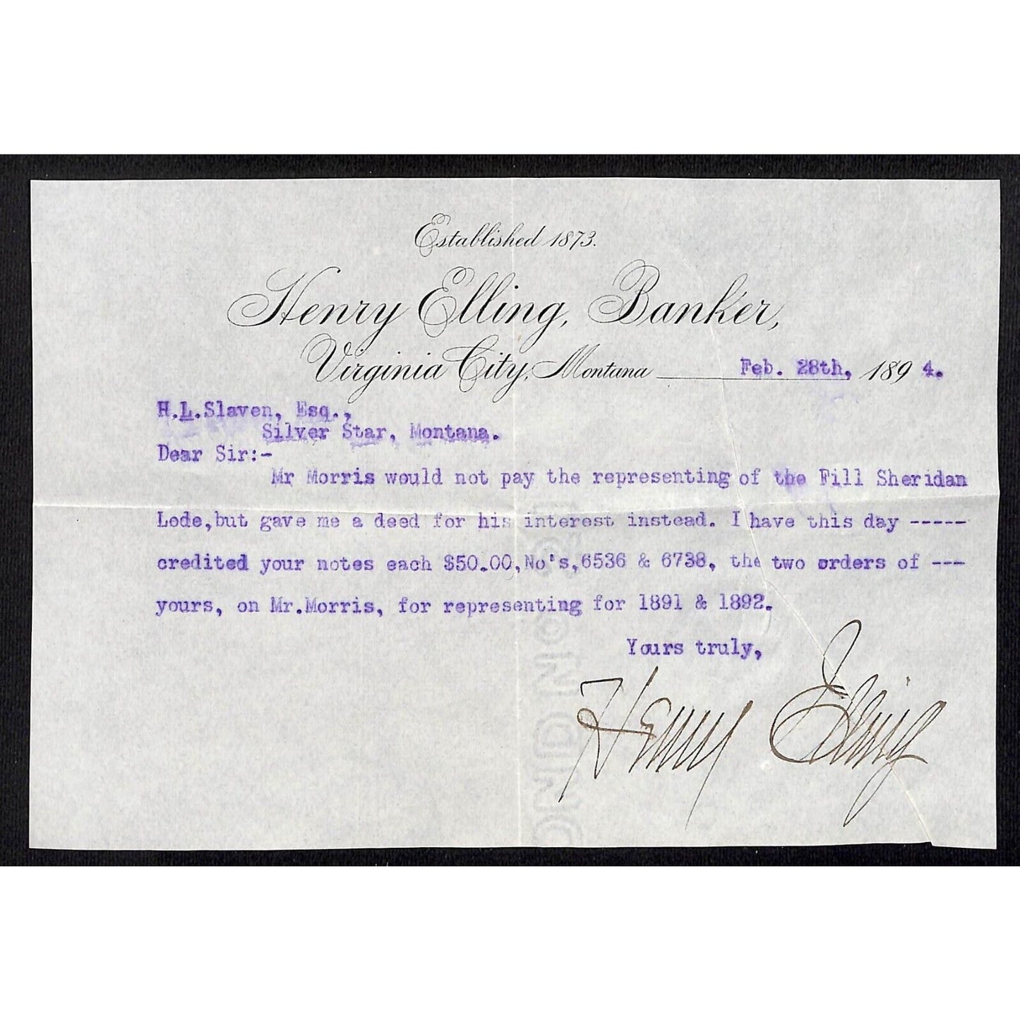 1894 Henry Elling, Banker Virginia City, MT Mining TLS re: Phil Sheridan Lode