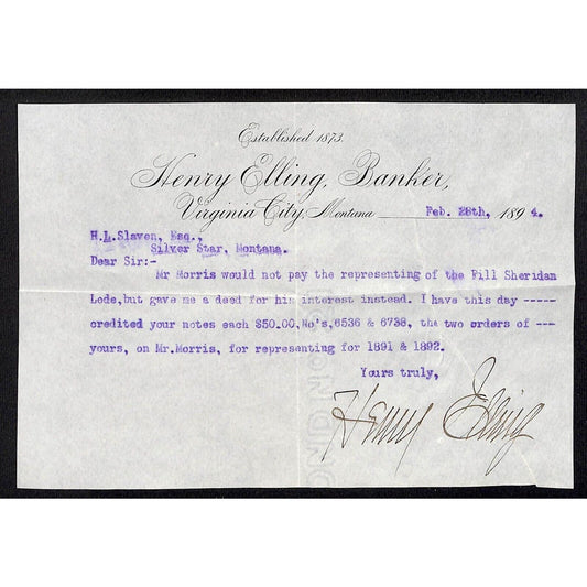 1894 Henry Elling, Banker Virginia City, MT Mining TLS re: Phil Sheridan Lode