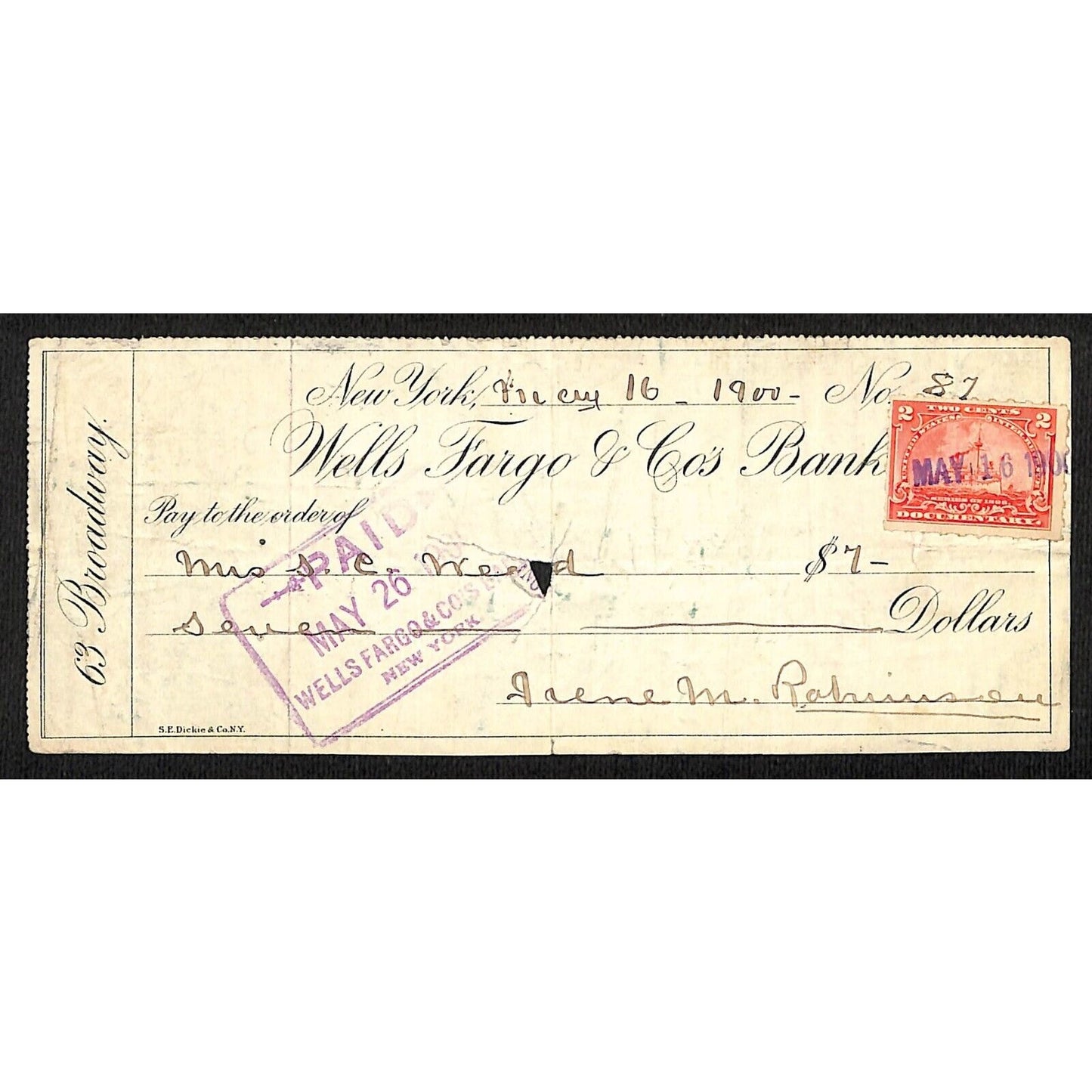 1900 Wells Fargo & Co Bank 63 Broadway NYC Check #87 w/ Rev Stamp to S.C. Weed