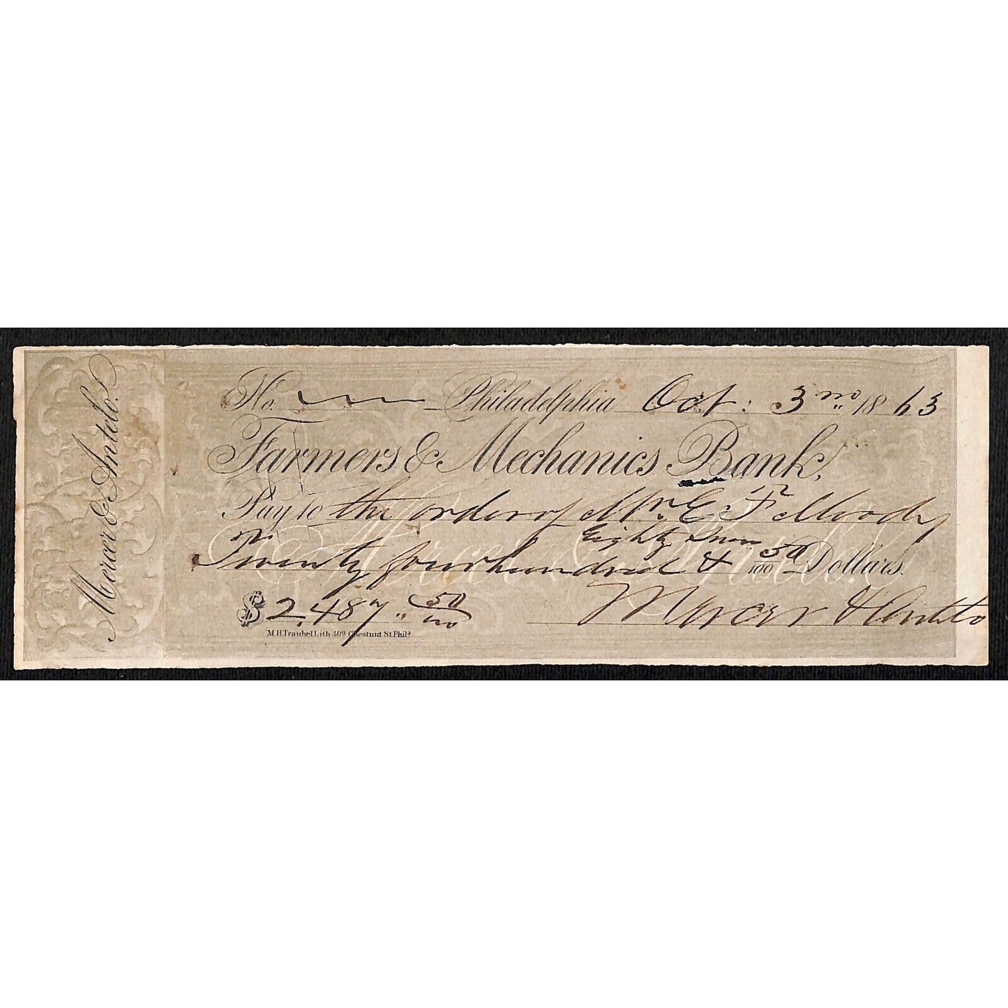 Mercer & Antelo Farmers and Mechanics Bank Phila. 1863 Bank Check - Underprint