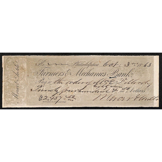Mercer & Antelo Farmers and Mechanics Bank Phila. 1863 Bank Check - Underprint