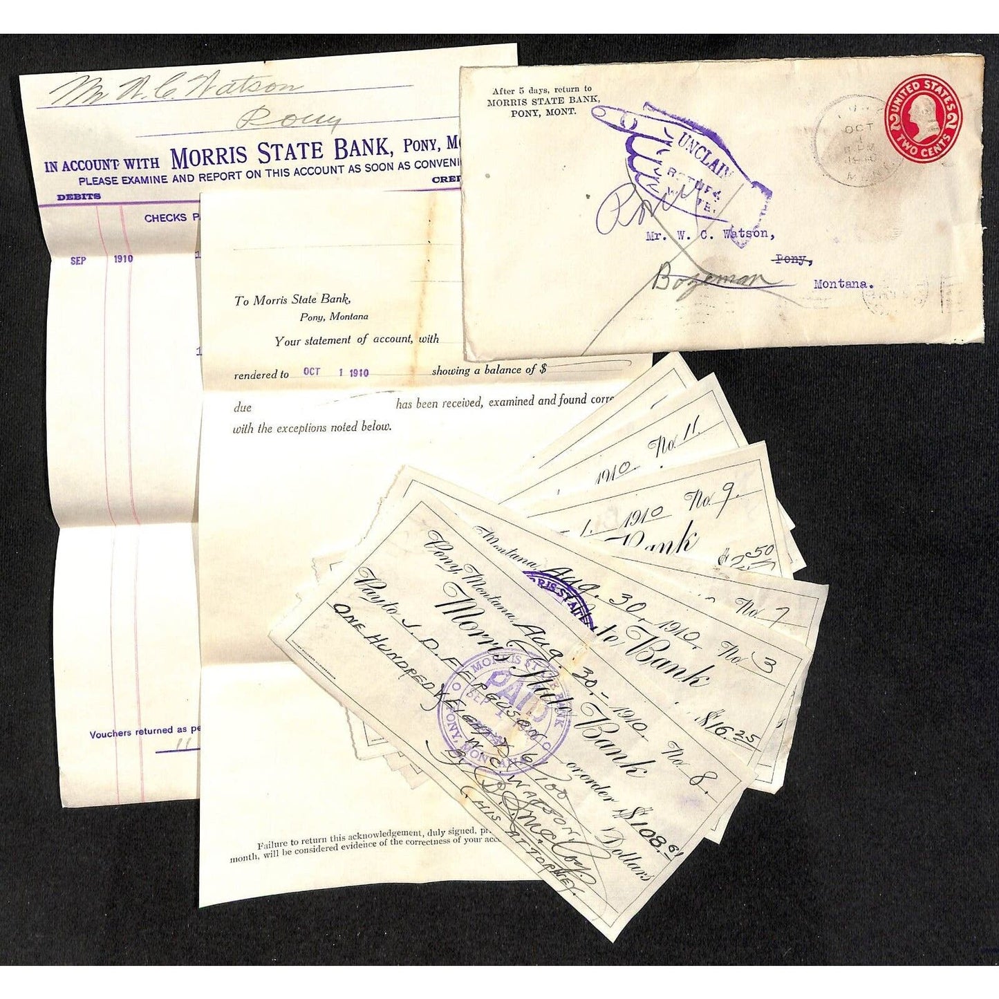 Morris State Bank Pony MT 1910 Billhead Statement + 11 Related Bank Checks Cover
