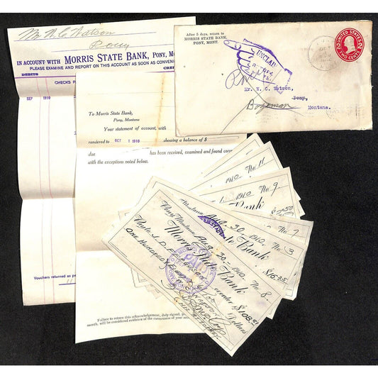 Morris State Bank Pony MT 1910 Billhead Statement + 11 Related Bank Checks Cover