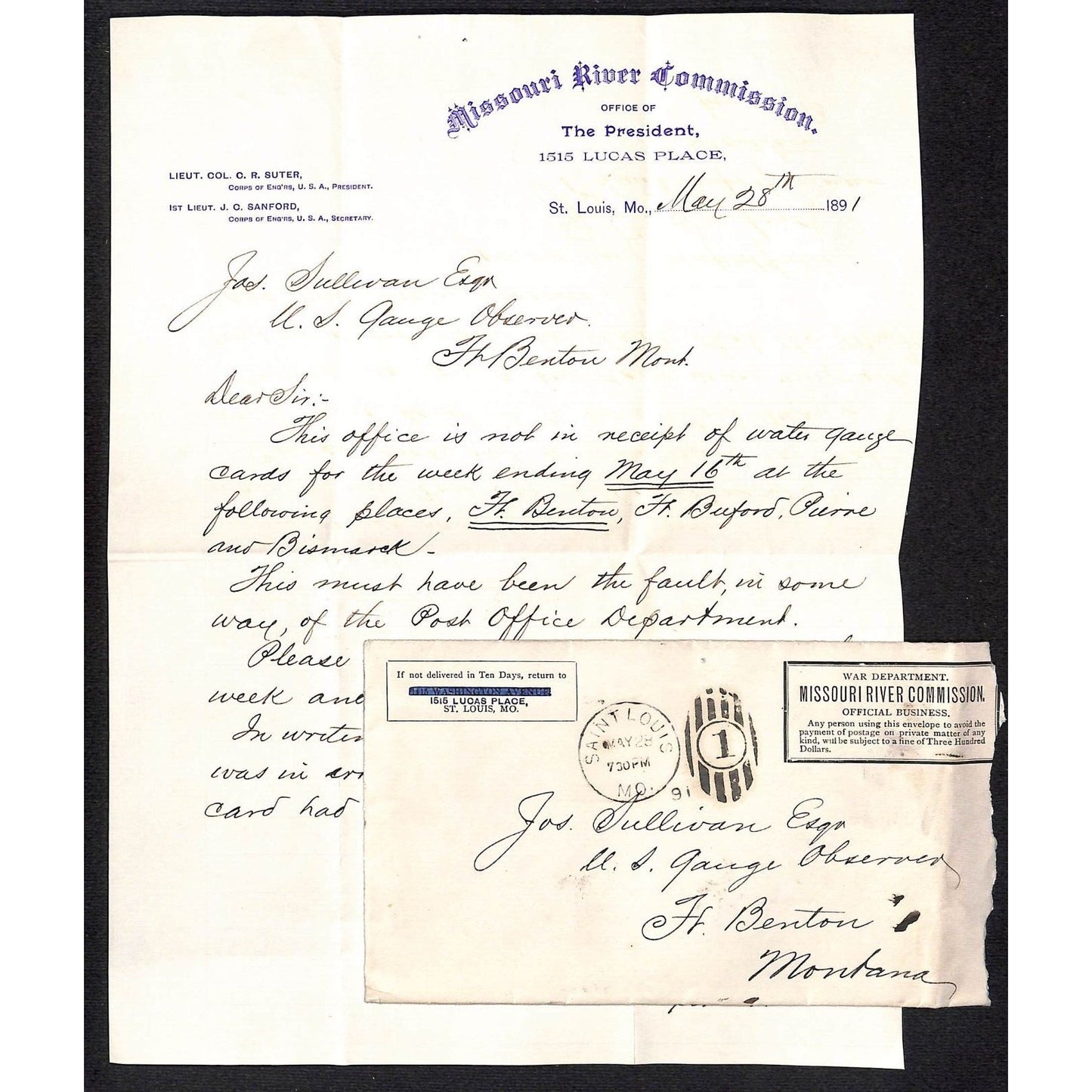 1891 War Department Missouri River Commission ALS w/ Cover re: Water Gauge Cards