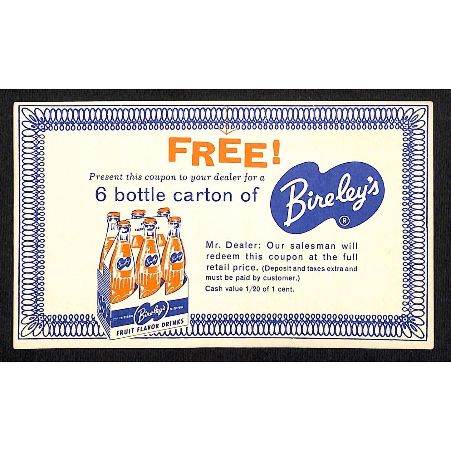 Bireley's Drinks Free 6 Bottle Carton Coupon c1955 VGC Scarce