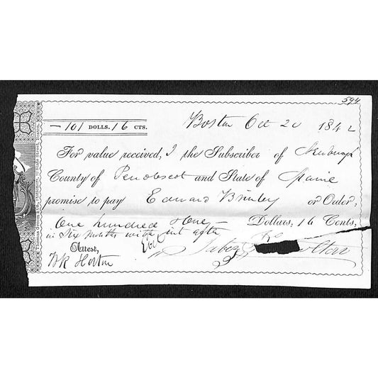 1839 Jabez Knowlton* Newburgh, ME Edward Brinley Boston Promissory Note