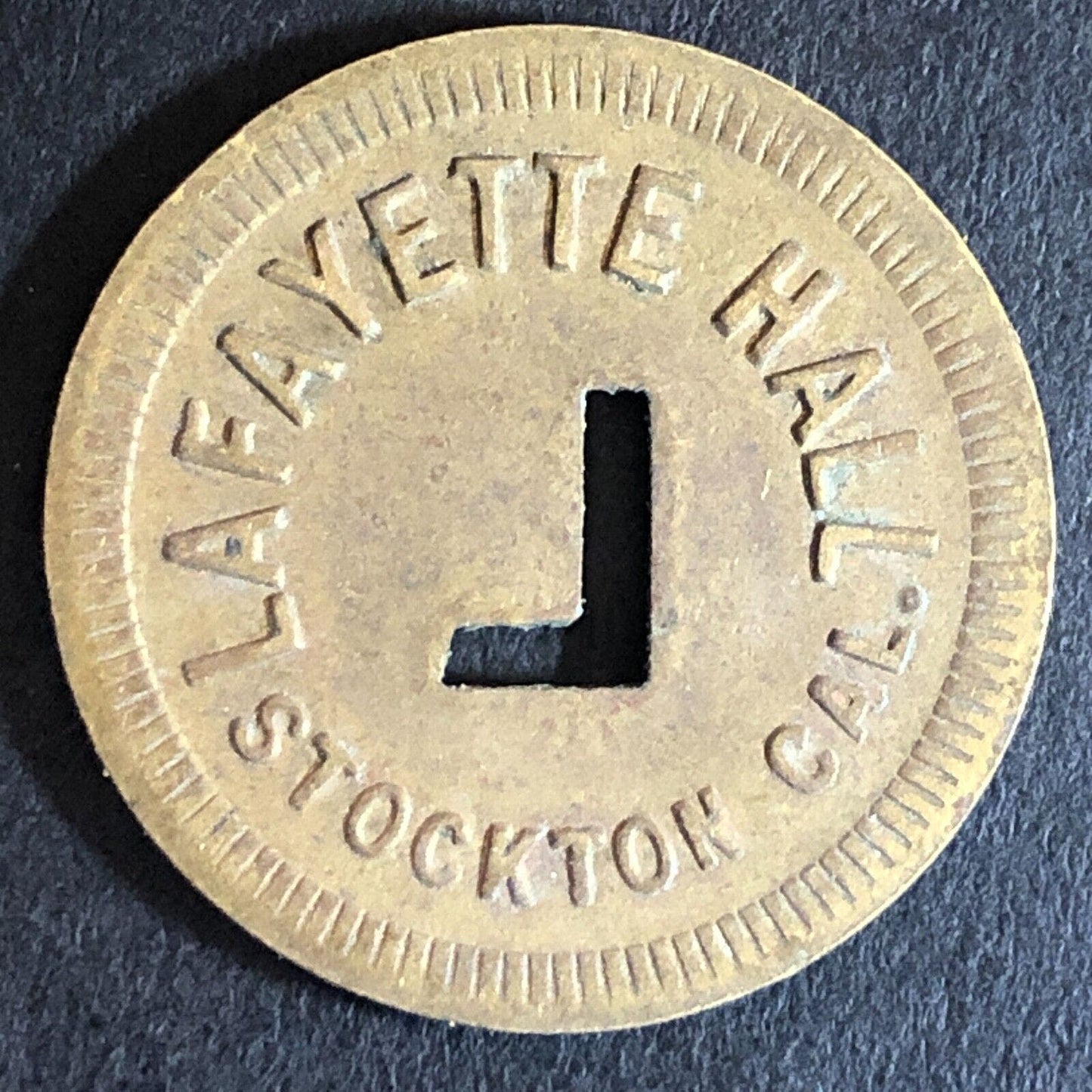 Lafayette Hall Stockton, CA Brass Trade Token w/ "L" Cutout 24mm VGC Scarce
