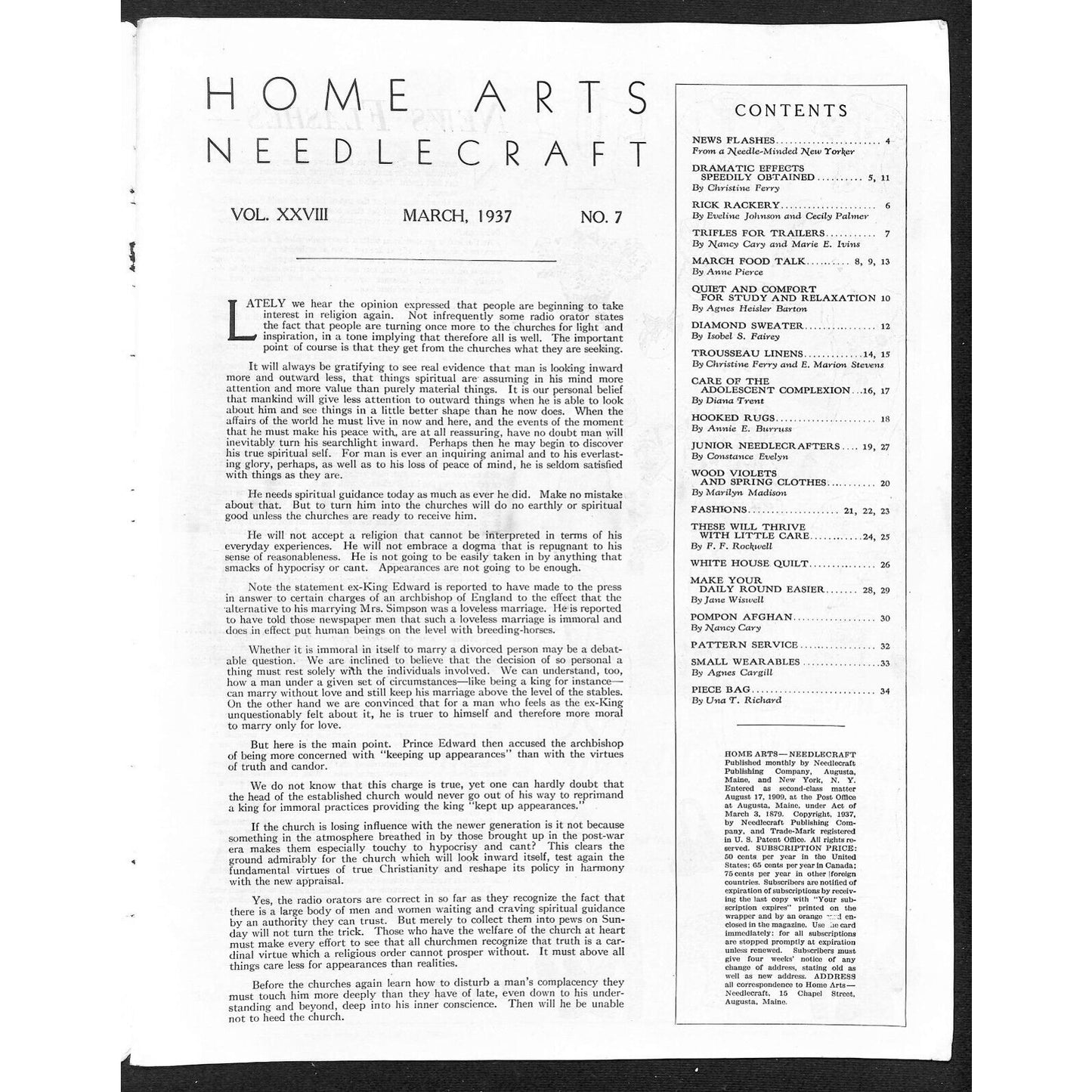 Home Arts Needlecraft Magazine March 1937 33pp Tons of Ads Good Condition